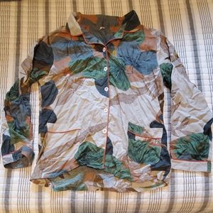 Large Cotton Pajama Set Floral Print Long Sleeve Button Top and Pants